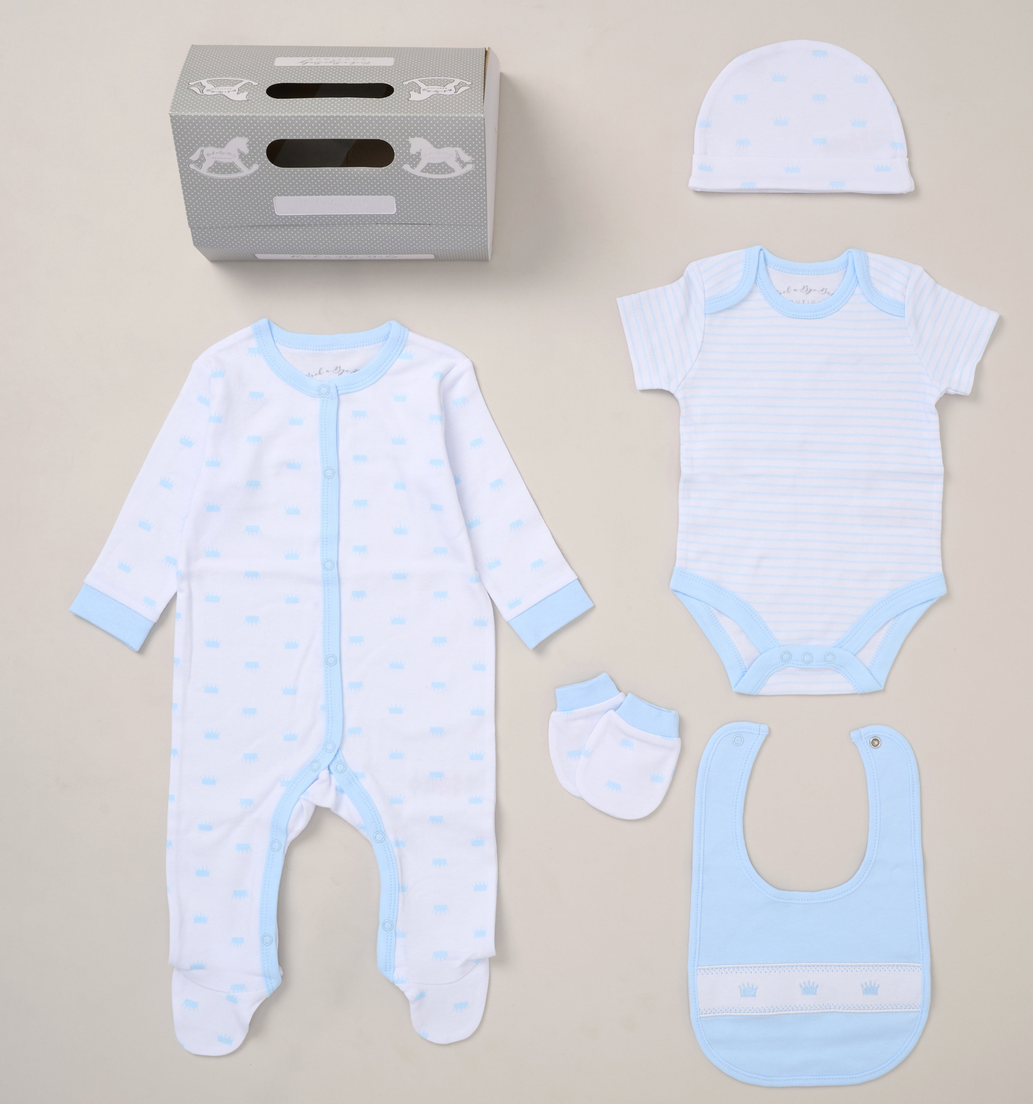 Rock a bye boutique F10713NB * RBF10713-S Sky Crown  5 Piece Layette Set (Nb-6 months)