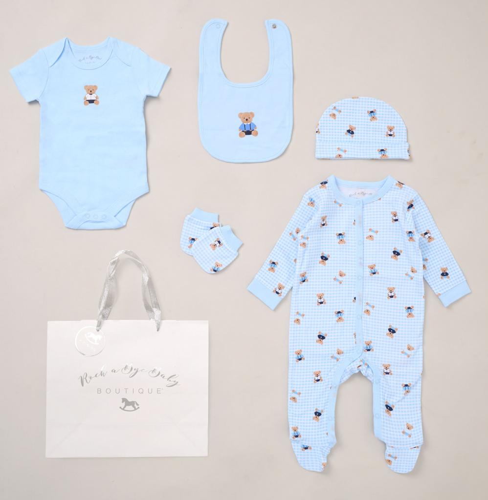 Rock a bye boutique F10717NB * RBF10717 Gingham Teddy  5 Piece Layette Set (Nb-6 months)