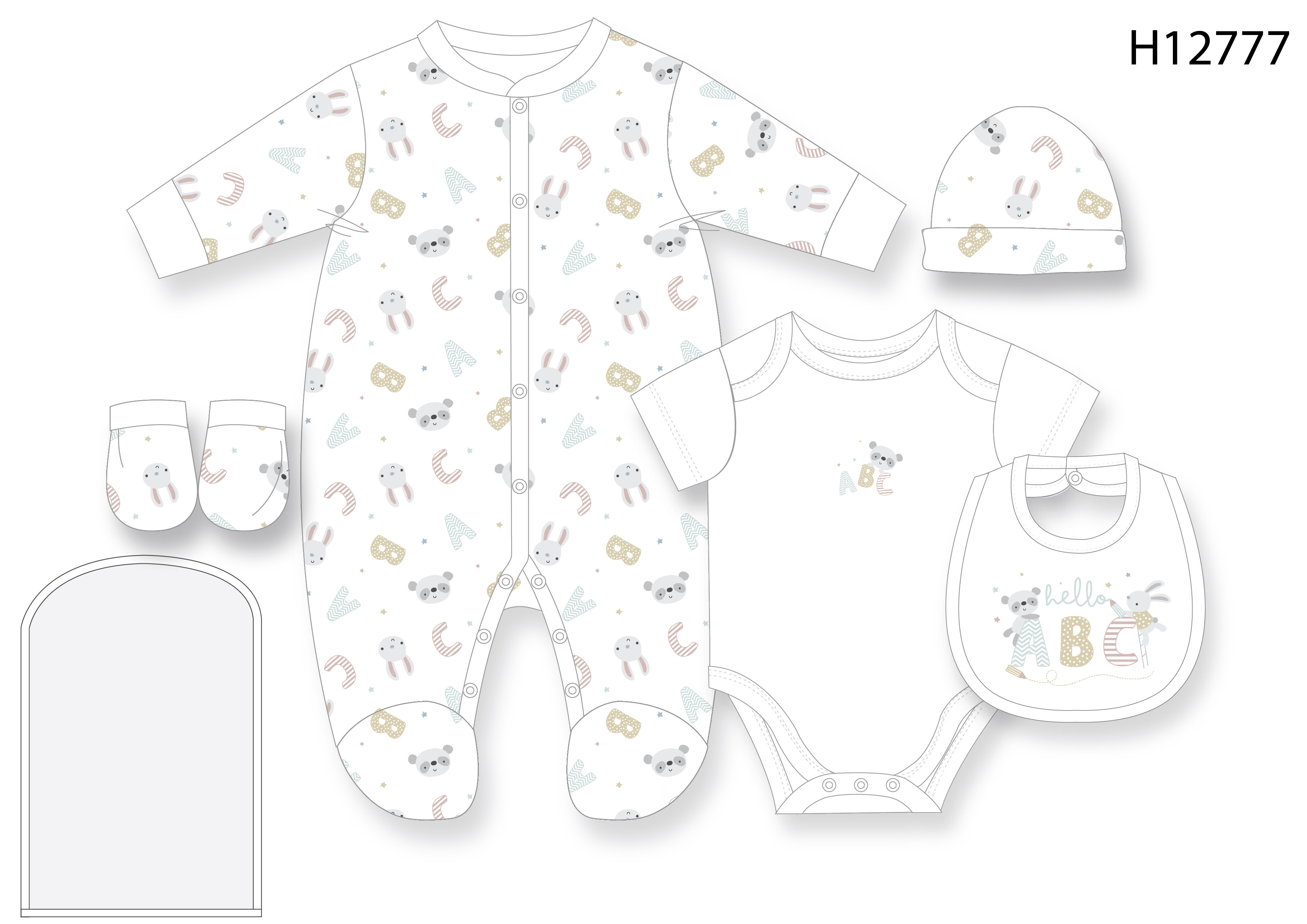 Rock a bye boutique H12777NB * RBH12777W "ABC" 5 Piece Layette Set (Nb-6 months)