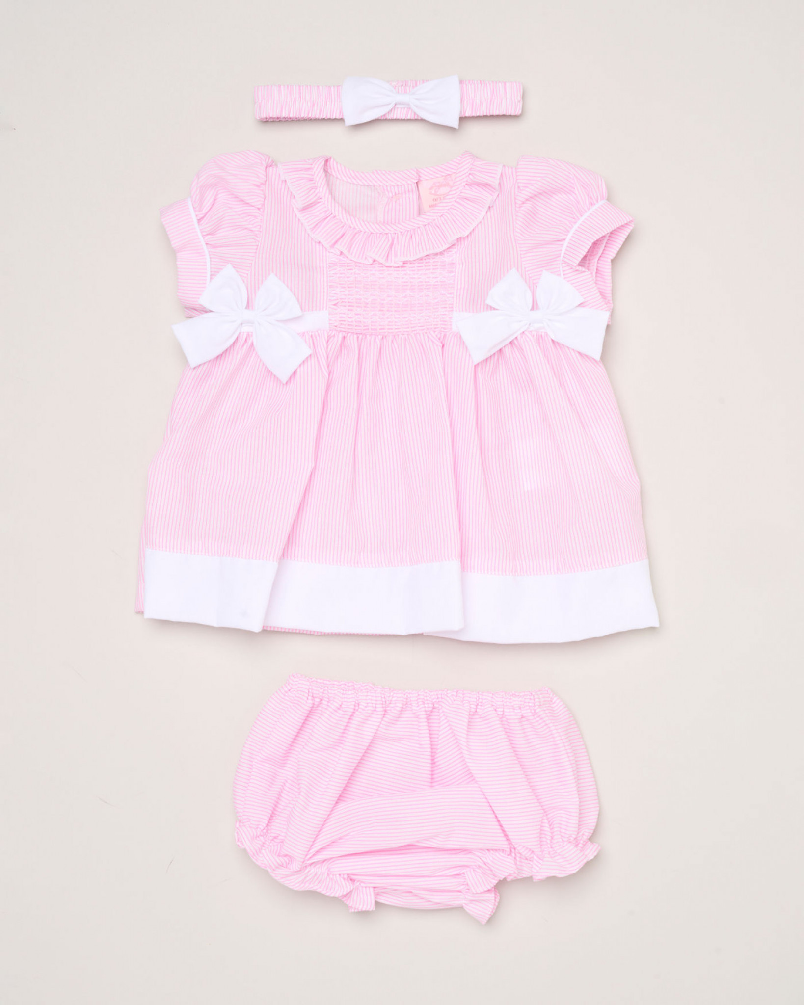 Rock a bye boutique H12802NB * RBH12802-AP Smock Stripe and Bows Dress Set (0-6 months)