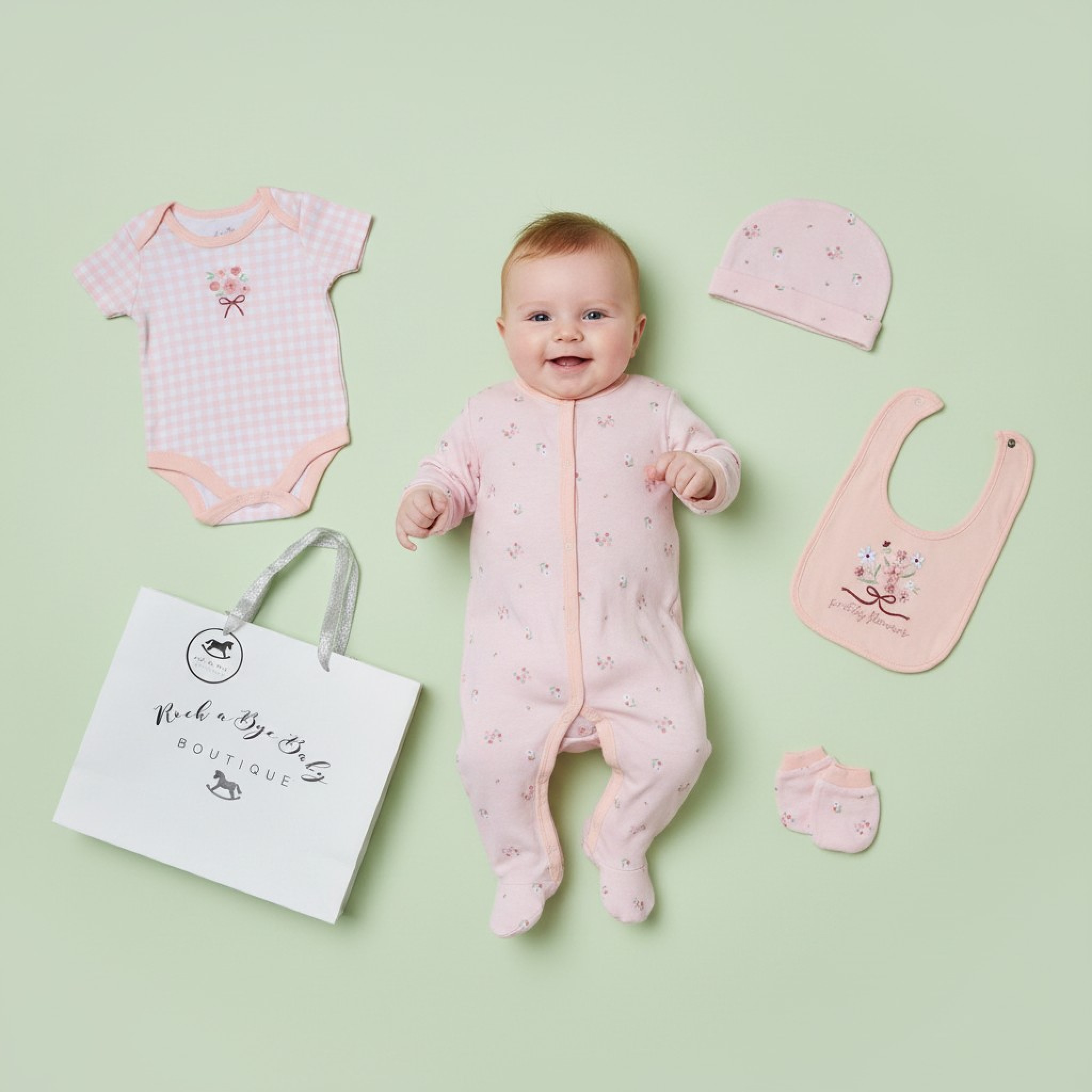 Rock a bye boutique H13290NB * RBH13290P "Pretty Flowers " 5 Piece Layette Set (Nb-6 months)