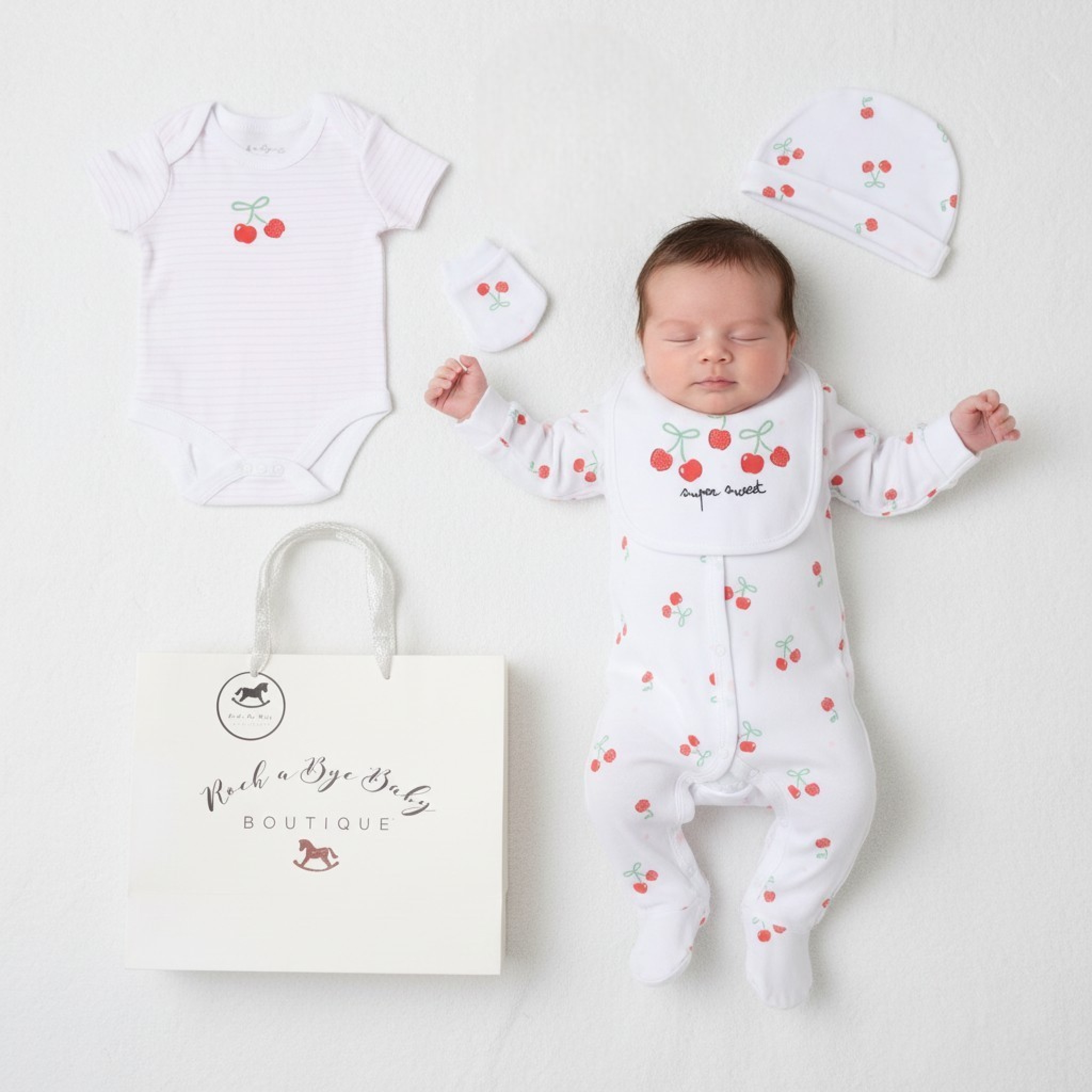 Rock a bye boutique H13293NB * RBH13293W Cherries  5 Piece Layette Set (Nb-6 months)