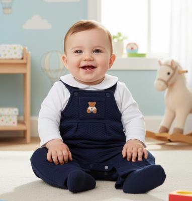 RBJ16015  Navy Teddy Sandwich Suit dungaree & top  (NB-6 months)