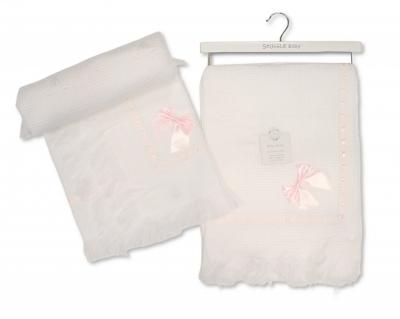 SB110-399-P  Pink "Lace and Bow" Shawl with Fringe 