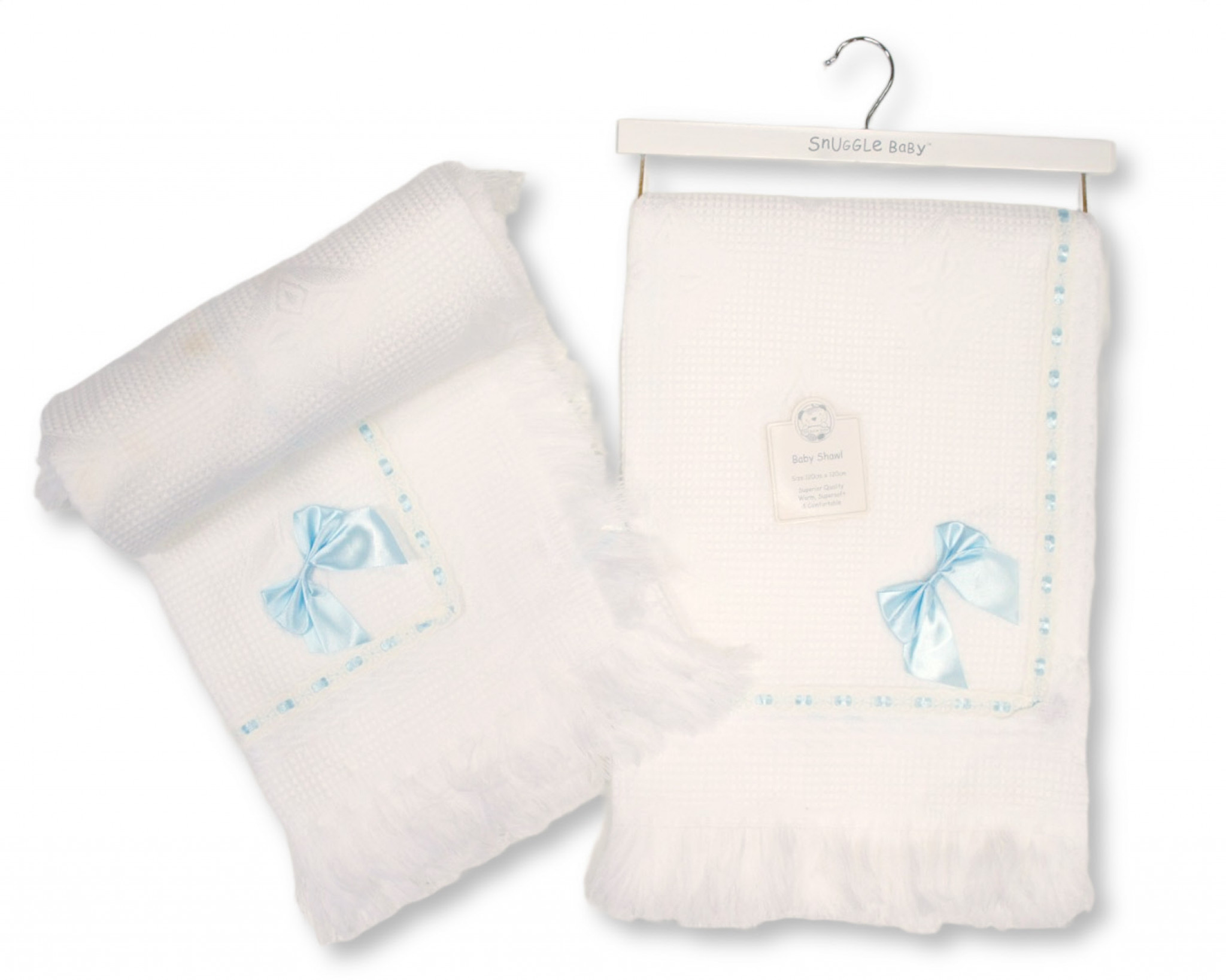 Snuggle Baby  5035320603995 SB110-399B Sky "Lace and Bow" Shawl with Fringe