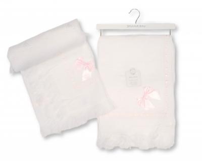 SB110-399Pi  Pink "Lace and Bow" Shawl with Fringe 