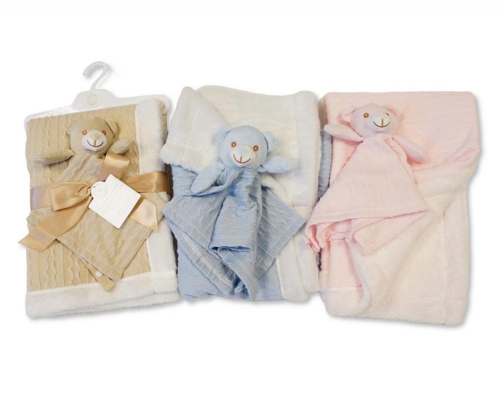 Snuggle Baby BW-112-2024 Pink = 5035320420240, Blue = 5035320620244, Taupe = 5035320220246 SB112-2024 Knit Blanket and "Bear" Comforter Set (Choose Colour)