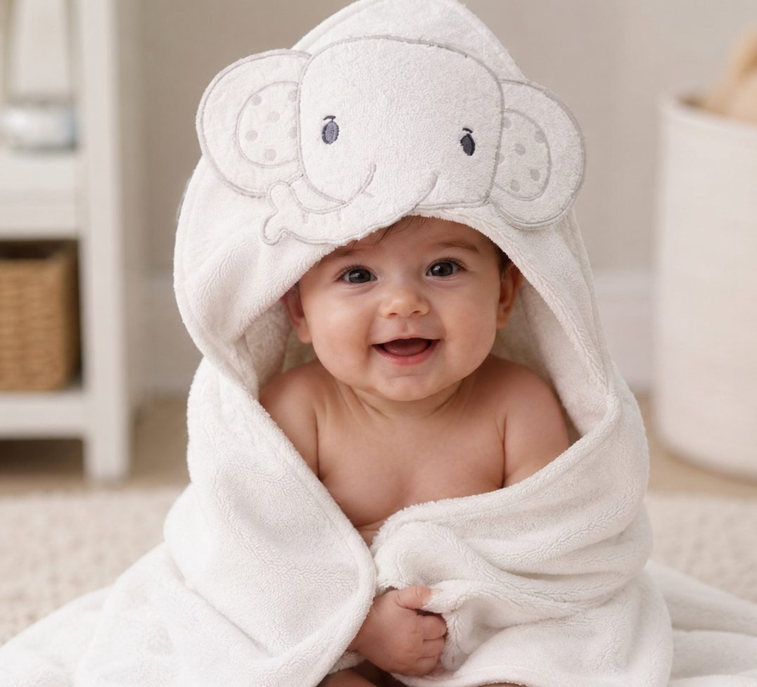 Snuggle Baby BW-120-002w 503532011202 2 SB120-002W "Elephant" Hooded Towel White/Grey