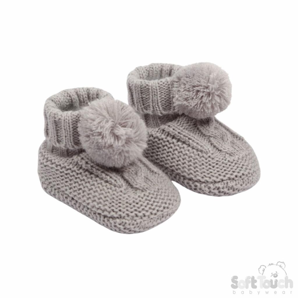 Soft Touch 3ABO12-G 5023797310829 STABO12-G grey Elegence Cable and Pom Pom Booties (NB - 12m)