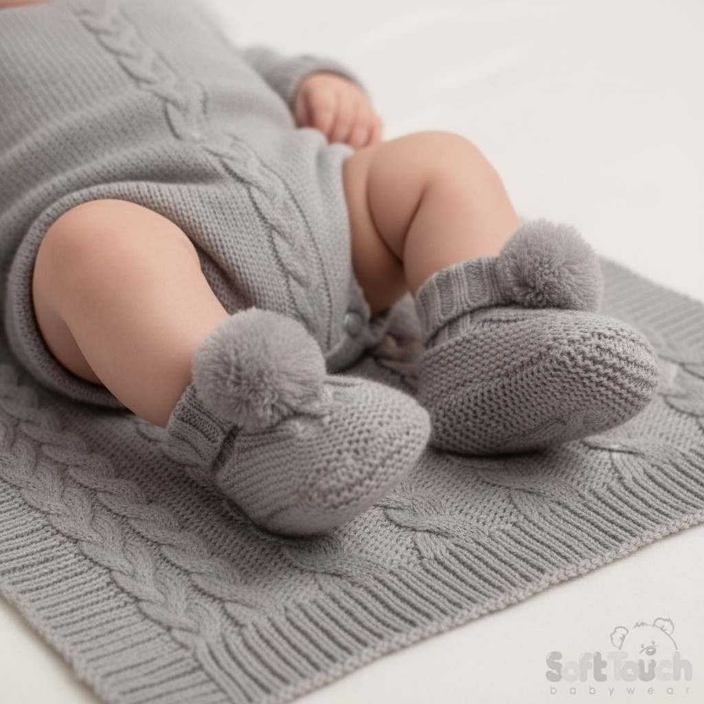 Soft Touch 3ABO12-G 5023797310829 STABO12-G grey Elegence Cable and Pom Pom Booties (NB - 12m)