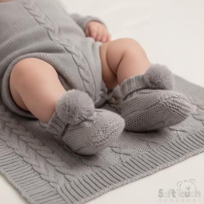 STABO12-G  grey Elegence Cable and Pom Pom Booties  (NB - 12m)