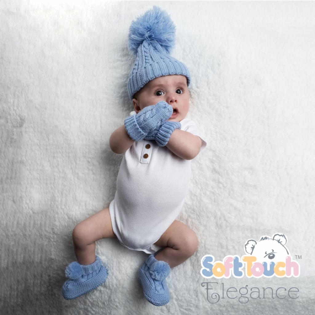 Soft Touch 3ABO12-B 5023797310812 STABO12-Bl Blue Elegence Cable and Pom Pom Booties (NB - 12m)