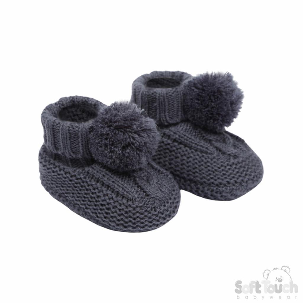 Soft Touch 3ABO12-SB 5023797310829 STABO12-SB Steel Blue Elegence Pom Pom Booties (NB-12m)
