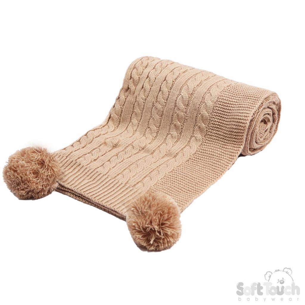 Soft Touch 4ABP12-COF 5023797310935 STABP12-COF Coffee Elegance Cable Knit Wrap with Pom Poms