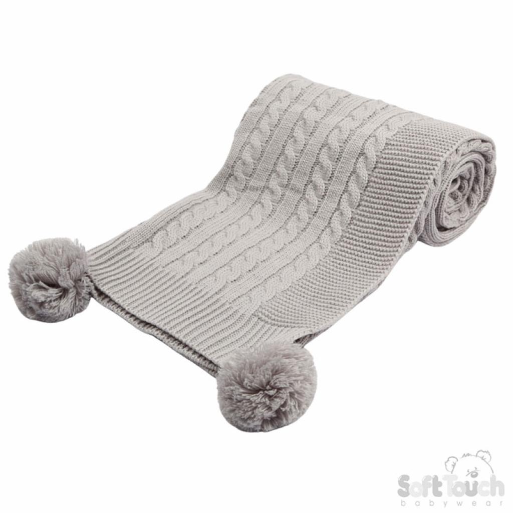 Soft Touch 4ABP12-G 5023797310904 STABP12-G Grey Elegance Cable Knit Wrap with Pom Poms