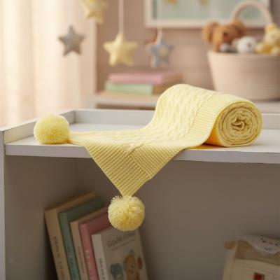 STABP12-L  Lemon Yellow Elegance Cable Knit Wrap with Pom Poms 