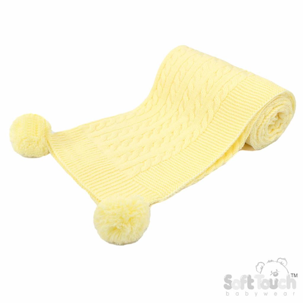 Soft Touch 4ABP12-SG 5023797310898 STABP12-Lem Lemon Yellow Elegance Cable Knit Wrap with Pom Poms