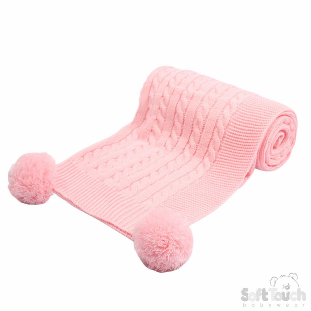 Soft Touch 4ABP12-P 5023797310881 STABP12-P Pink Elegance Cable Knit Wrap with Pom Poms
