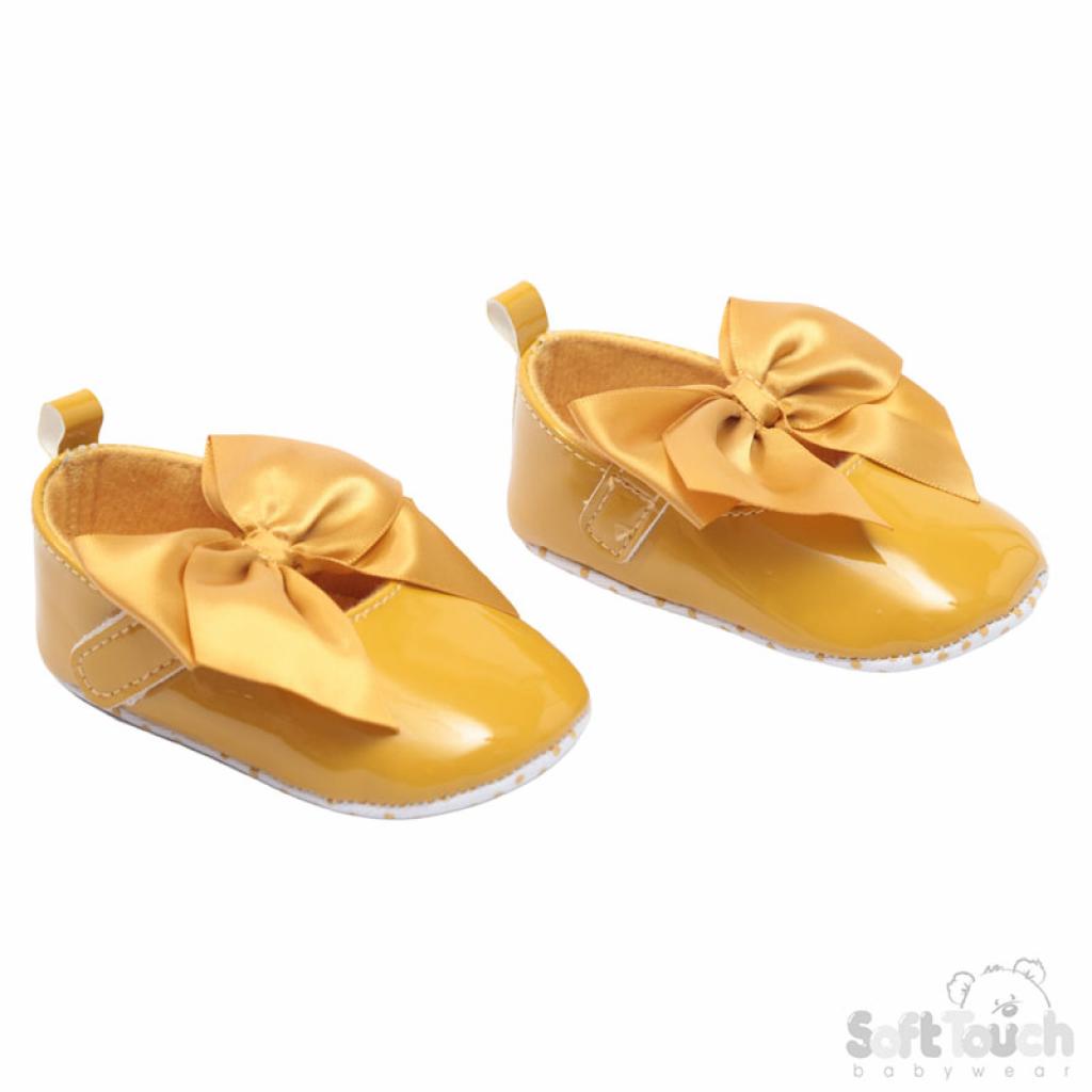 Soft Touch 3B2228-M 5023797211324 STB2228-M Mustard Yellow Patent Shoe With Bow (0-12 months)