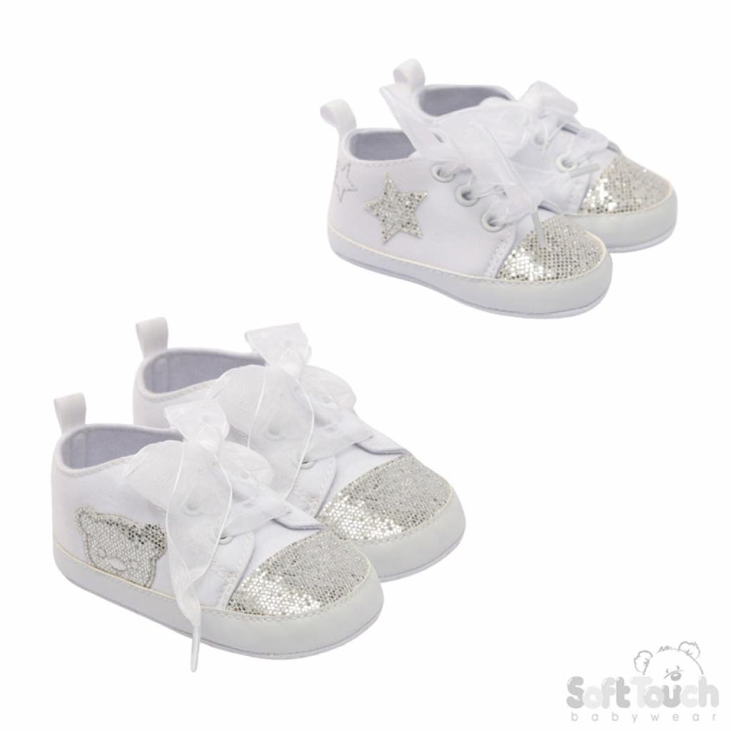 Soft Touch 3B2274-W 5023797211362 STB2274-W White Glitter Star and Bear Trainers (0-12 Months)