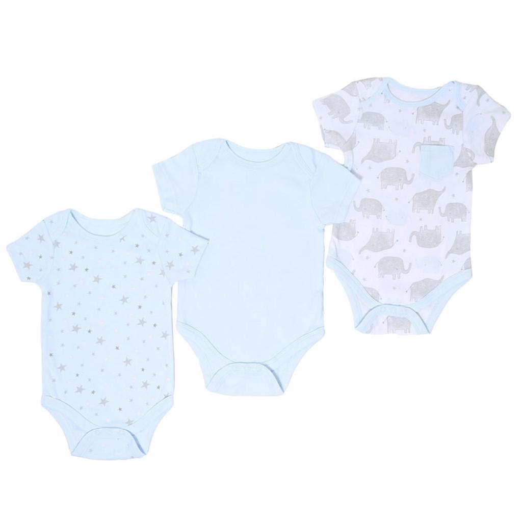 Soft Touch 4BG205 5023797307089 STBG206 Three pack bodysuit Elephant(NB- 9 Months)
