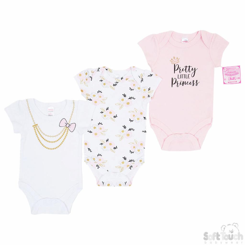 Soft Touch 4BG214 5023797308307 STBG214 Three pack bodysuit Princess (NB- 9 Months)