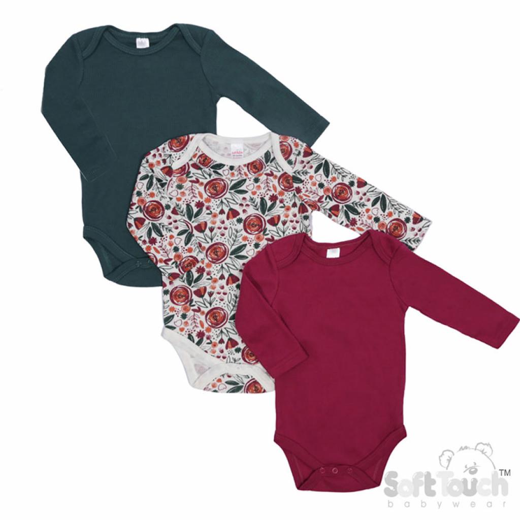 Soft Touch  5023797308642 STBG316p  Floral Triple pack Ribbed bodysuits ( Nb-9 months)