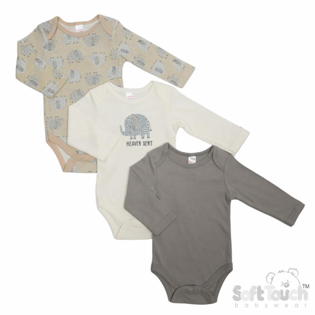 Soft Touch 4CC213-BS 5023797310232 STCC213-BS Elephant Triple pack Assorted bodysuits ( 0-6 months)