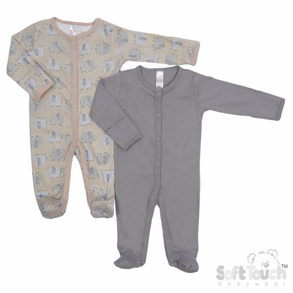 Soft Touch 4CC212-SS 5023797310287 STCC213-SS Twin pack Elephant Sleepsuits(0-6 months)