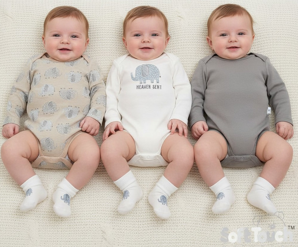 Soft Touch 4CC213-BS 5023797310232 STCC213BS Elephant Triple pack Assorted bodysuits ( 0-6 months)