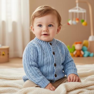STCD16_B Blue Cable Cardigan with Wooden Buttons (0-12 months)