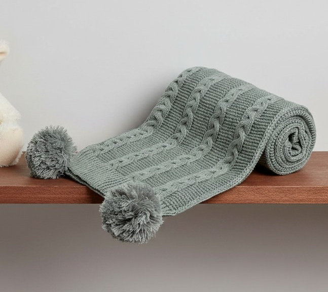 Soft Touch Zero EABP800 5023797313585 STEABP800-SG Sage Green Zero Cable Knit Wrap with Pom Poms