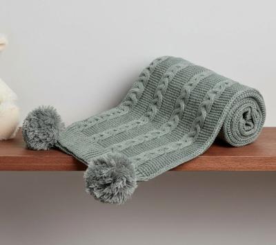 STEABP800-SG  Sage Green Zero Cable Knit Wrap with Pom Poms 