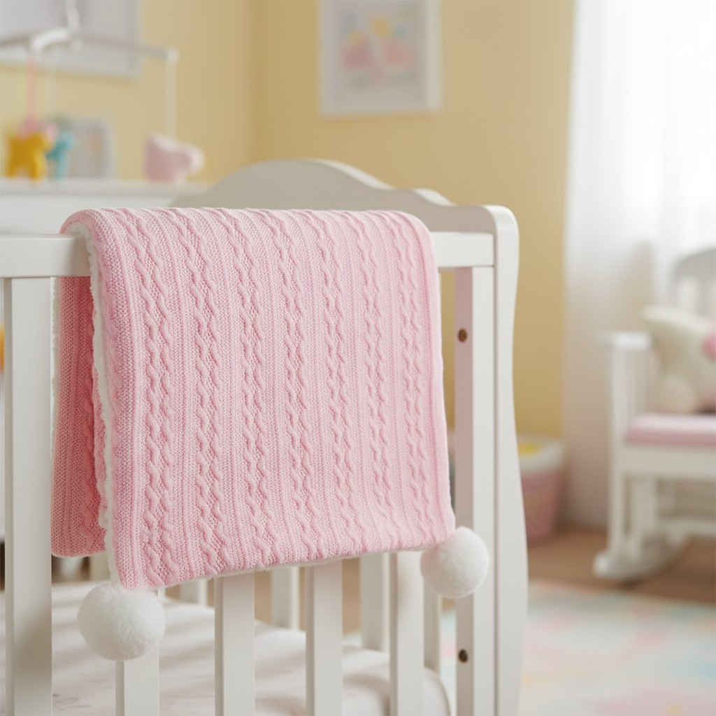Soft Touch 4FBP188-BP 5023797309946 STFBP188-BP Baby Pink Cable Knit Wrap with Poms and Sherpa