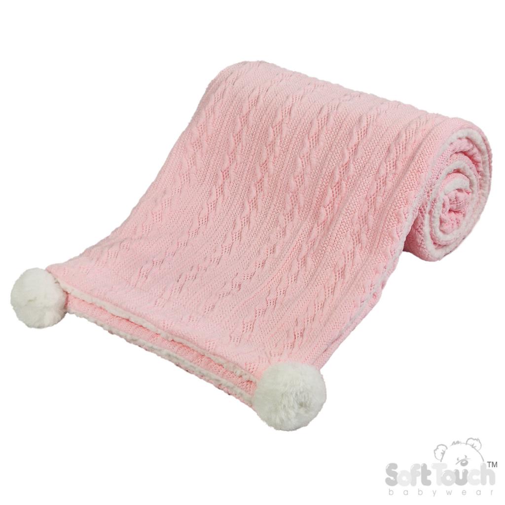 Soft Touch 4FBP188-BP 5023797309946 STFBP188-BP Baby Pink Cable knit wrap with poms and sherpa