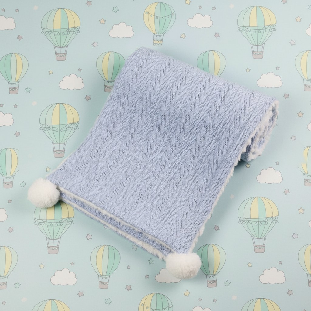 Soft Touch 4FBP188-B 5023797309953 STFBP188-B Sky Blue Cable Knit Wrap with Poms and Sherpa