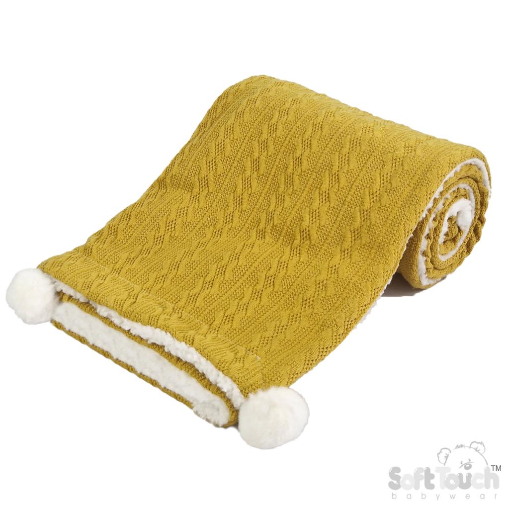 Soft Touch 4FBP188-M 5023797310041 STFBP188-M Mustard Yellow Cable knit wrap with poms and sherpa