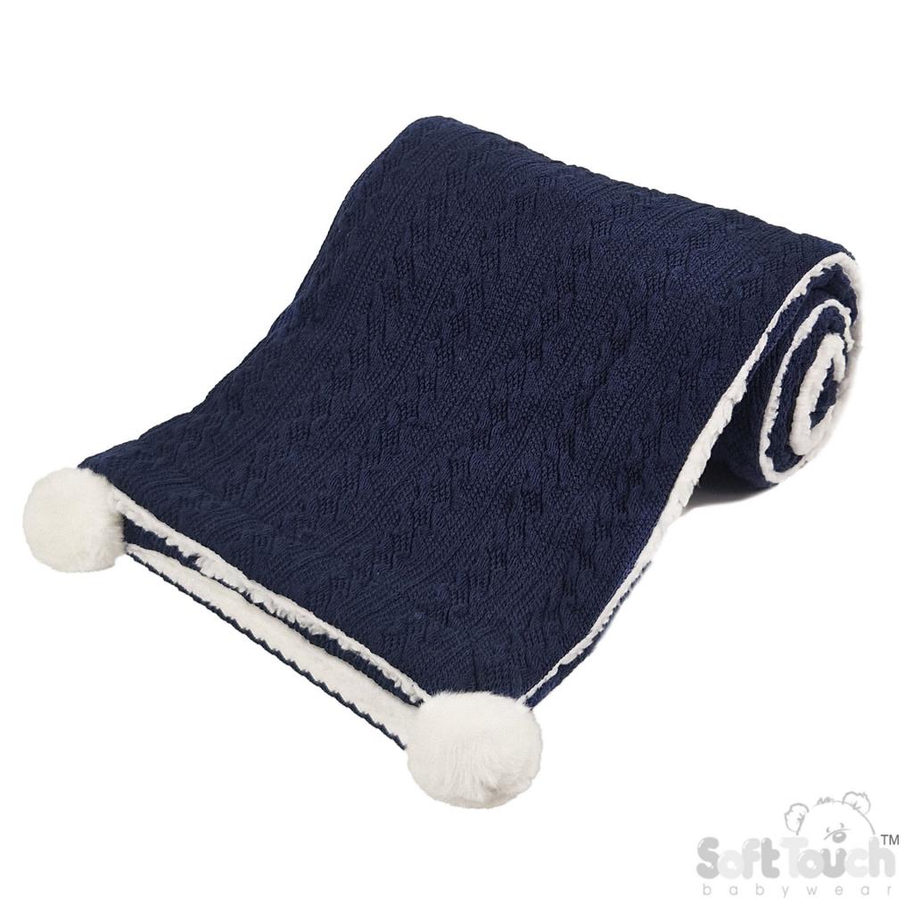 Soft Touch 4FBP188-N 5023797306167 STFBP188-N Navy Cable knit wrap with poms and sherpa