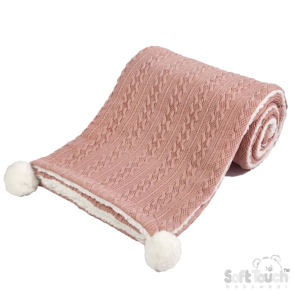Soft Touch 4FBP188-RO 5023797309977 STFBP188-RO Rose Cable Knit Wrap with Poms and Sherpa
