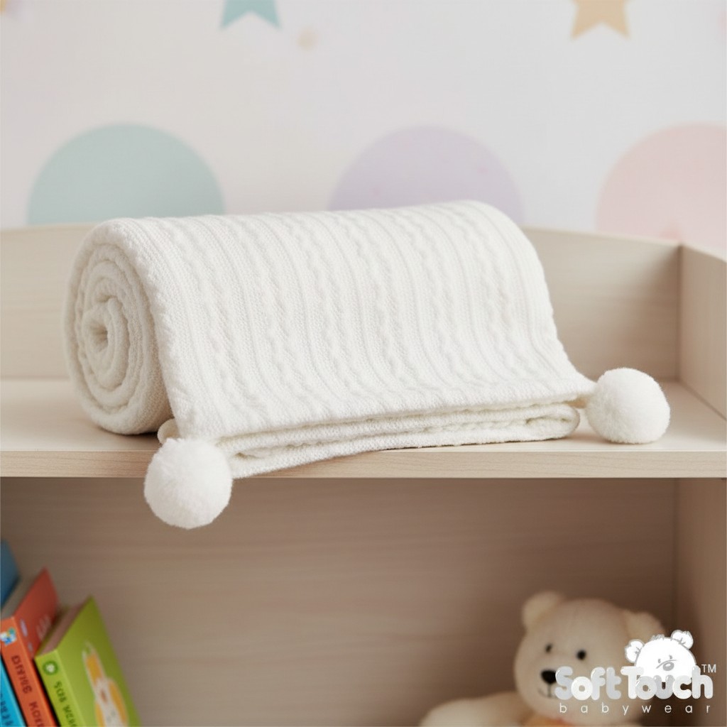 Soft Touch 4FBP188-W 5023797309922 STFBP188-W White Cable Knit Wrap with Poms and Sherpa