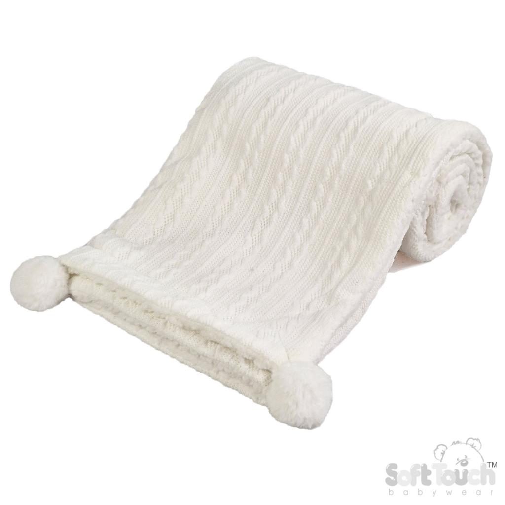 Soft Touch 4FBP188-W 5023797306167 STFBP188-W White Cable knit wrap with poms and sherpa