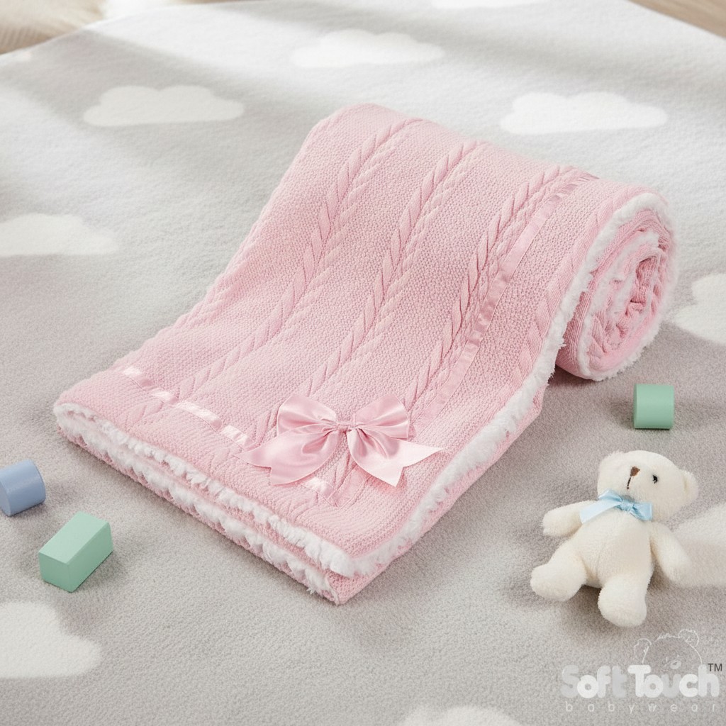 Soft Touch 4FBP202-BP 5023797310072 STFBP202-BP Pink Chevron Knit Wrap with Satin Bow and Sherpa