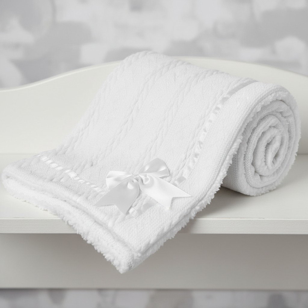 Soft Touch 4FBP202-w 5023797310058 STFBP202-W White Chevron Knit Wrap with Satin Bow and Sherpa