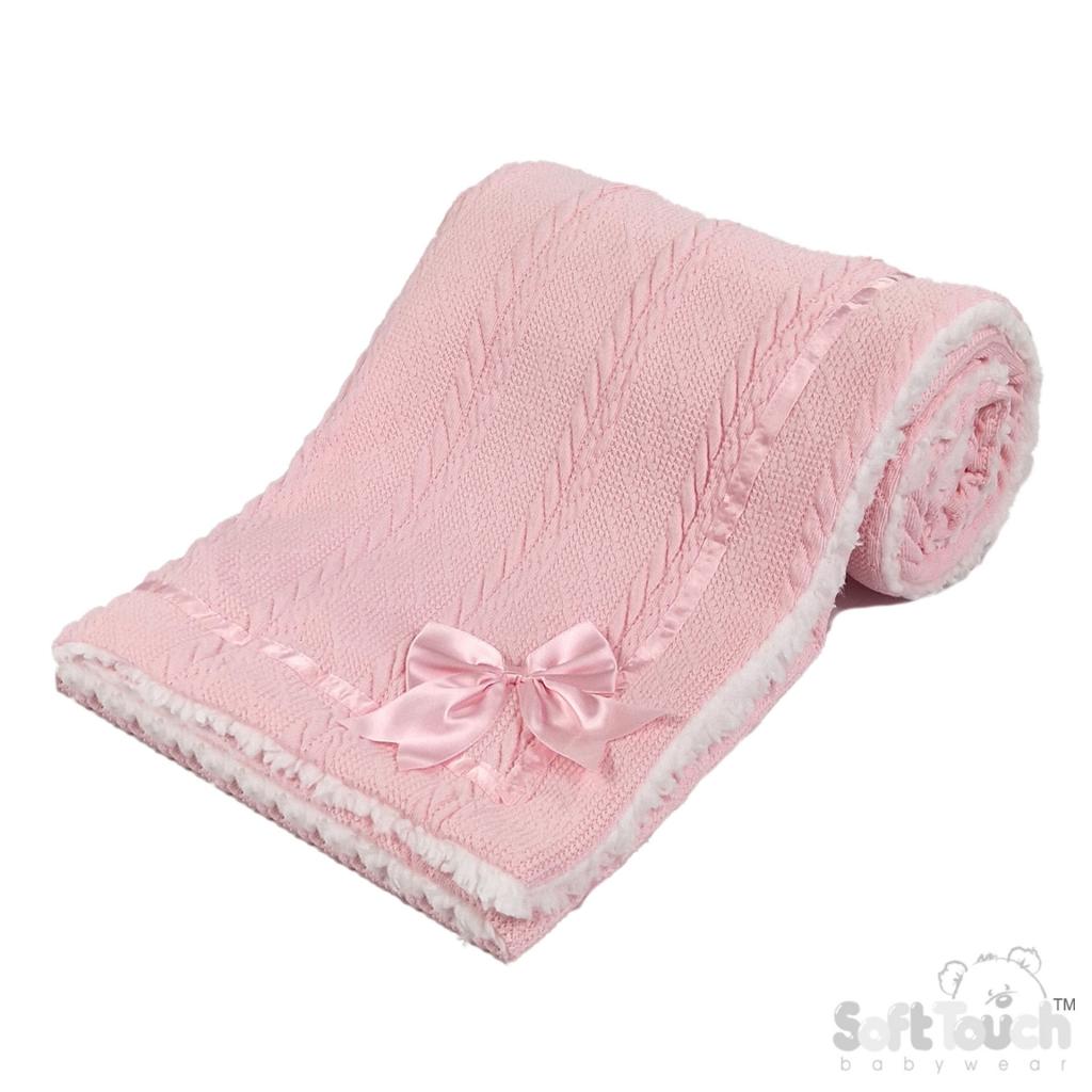 Soft Touch 4FBP202-BP 5023797306167 STFBP202-BP Pink Chevron knit wrap with satin bow and sherpa