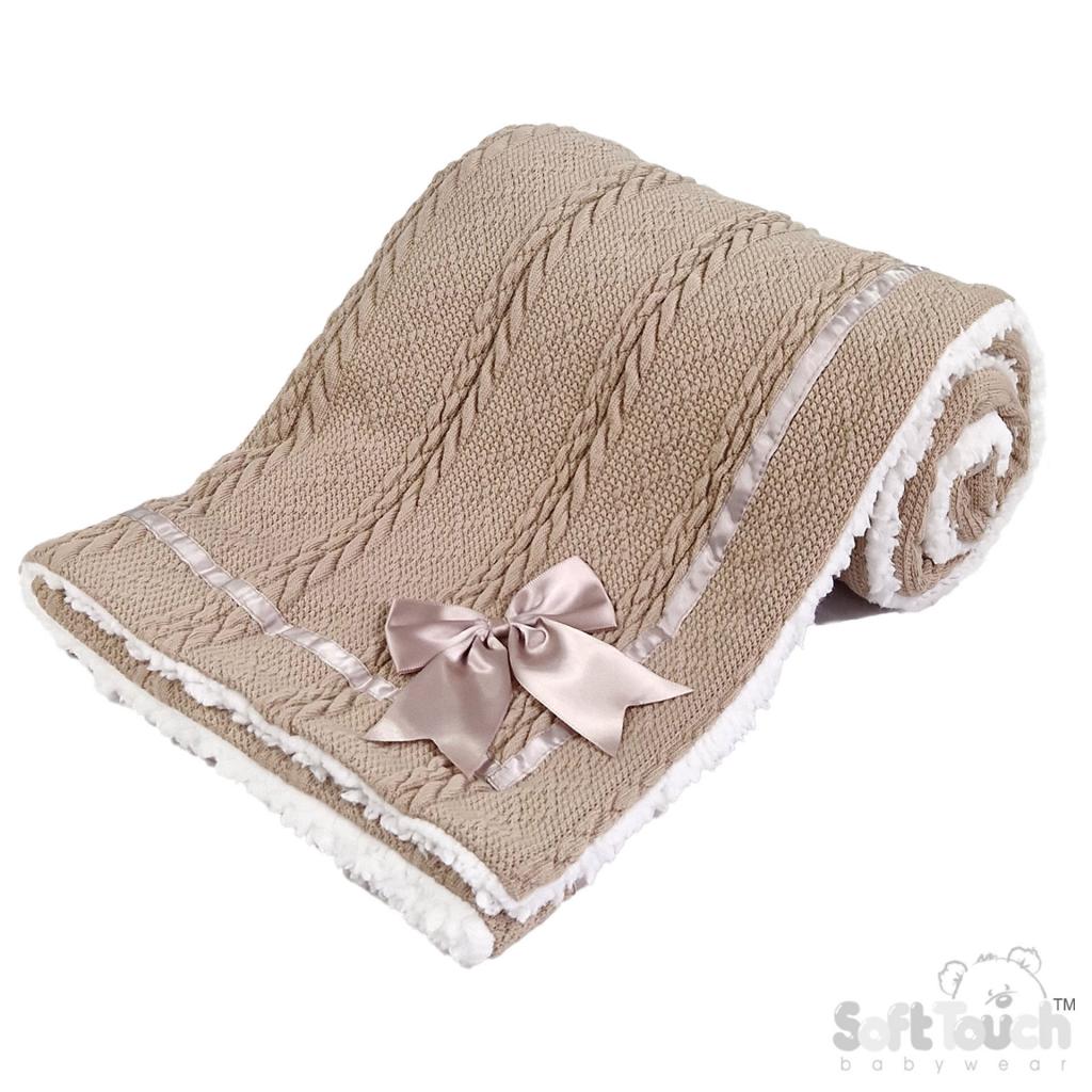 Soft Touch 4FBP202-B 5023797306167 STFBP202-Co Coffee Chevron knit wrap with satin bow and sherpa