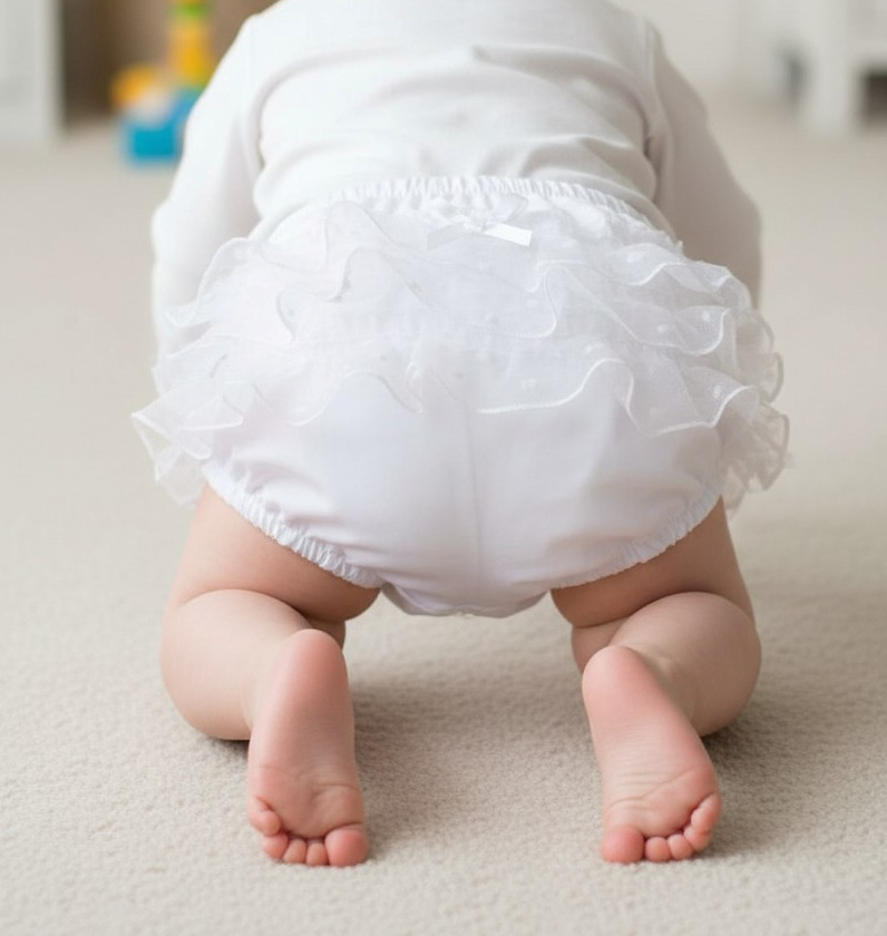 Soft Touch 4FP24-W 0-6 = 5023797316661, 6-12=5023797316678, 12-18 =5023797316685 STFP24W White Lace Pants (Newborn - 24 months)