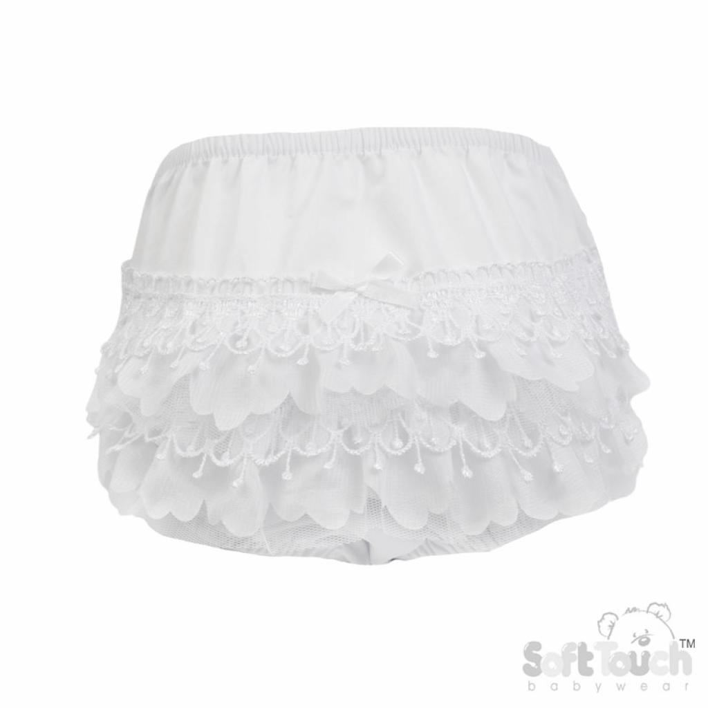 Soft Touch 4FP26-W 0-6 = 5023797316722, 6-12=5023797316739, 12-18 =5023797316746 STFP26-W White Bell Lace Frilly Pants (0-18 months)