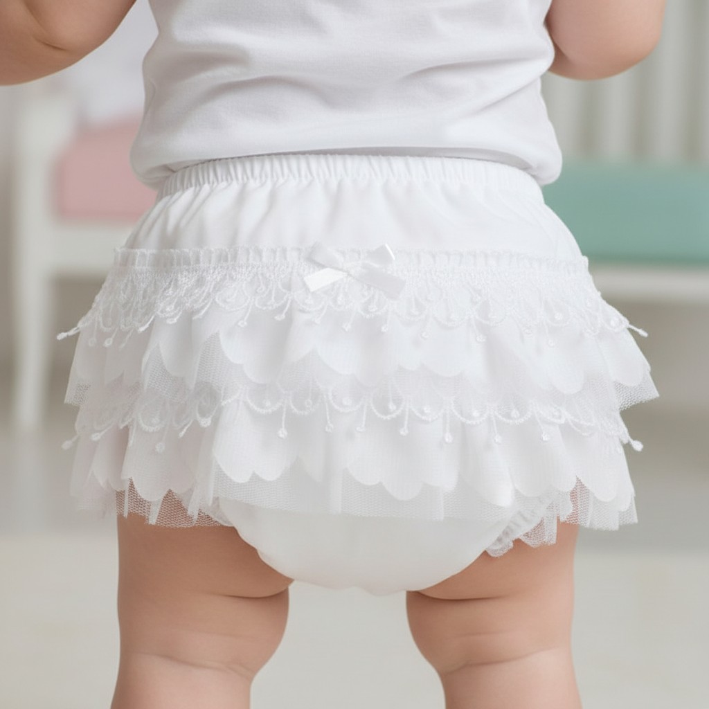 Soft Touch 4FP26-W 0-6 = 5023797316722, 6-12=5023797316739, 12-18 =5023797316746 STFP26-Wh White Bell Lace Frilly Pants (0-18 months)