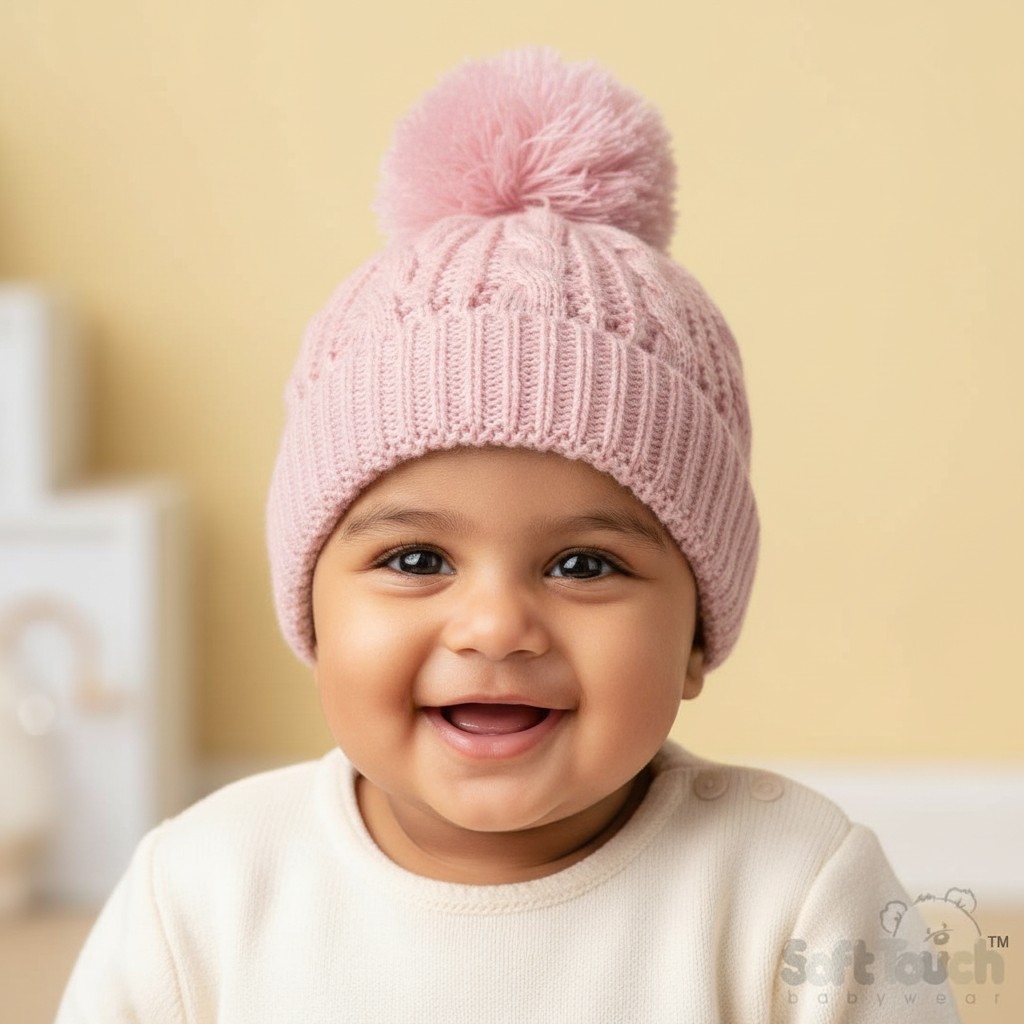Soft Touch 4H16-DP 5023797315411 STH16-DP Deluxe Cable Knit Pom Pom Hat (NB - 12m)