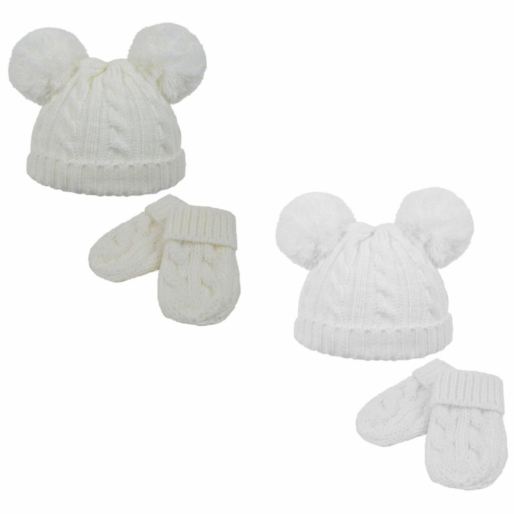 Soft Touch 4H495-CW-SM 5023797307331 STH495-CW-SM Pom Pom Hat and mittens (Newborn -6 months)